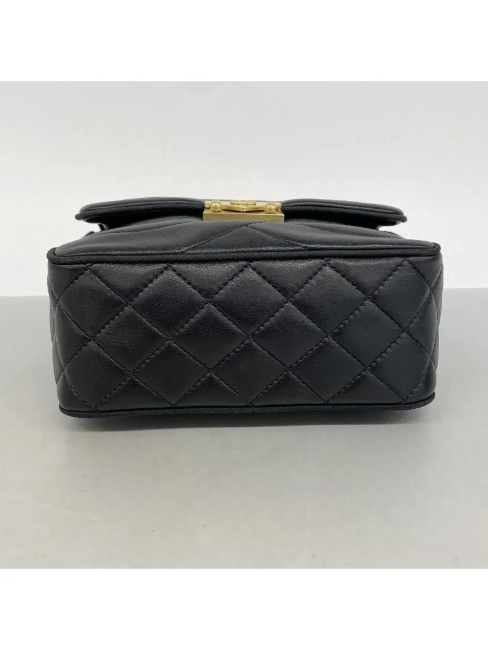 Chanel Shoulder Bag Wave Stitch Lambskin Black Gold